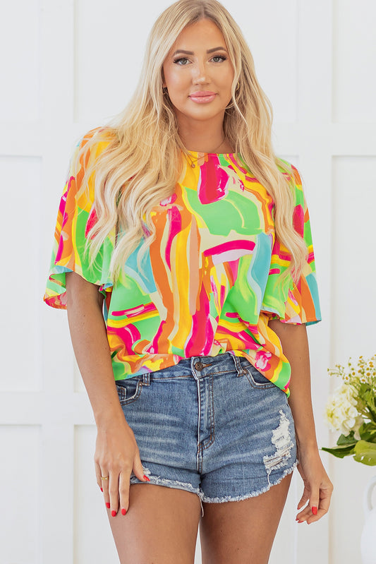 Abstract Print Keyhole Back Pleated Half Sleeve Blouse