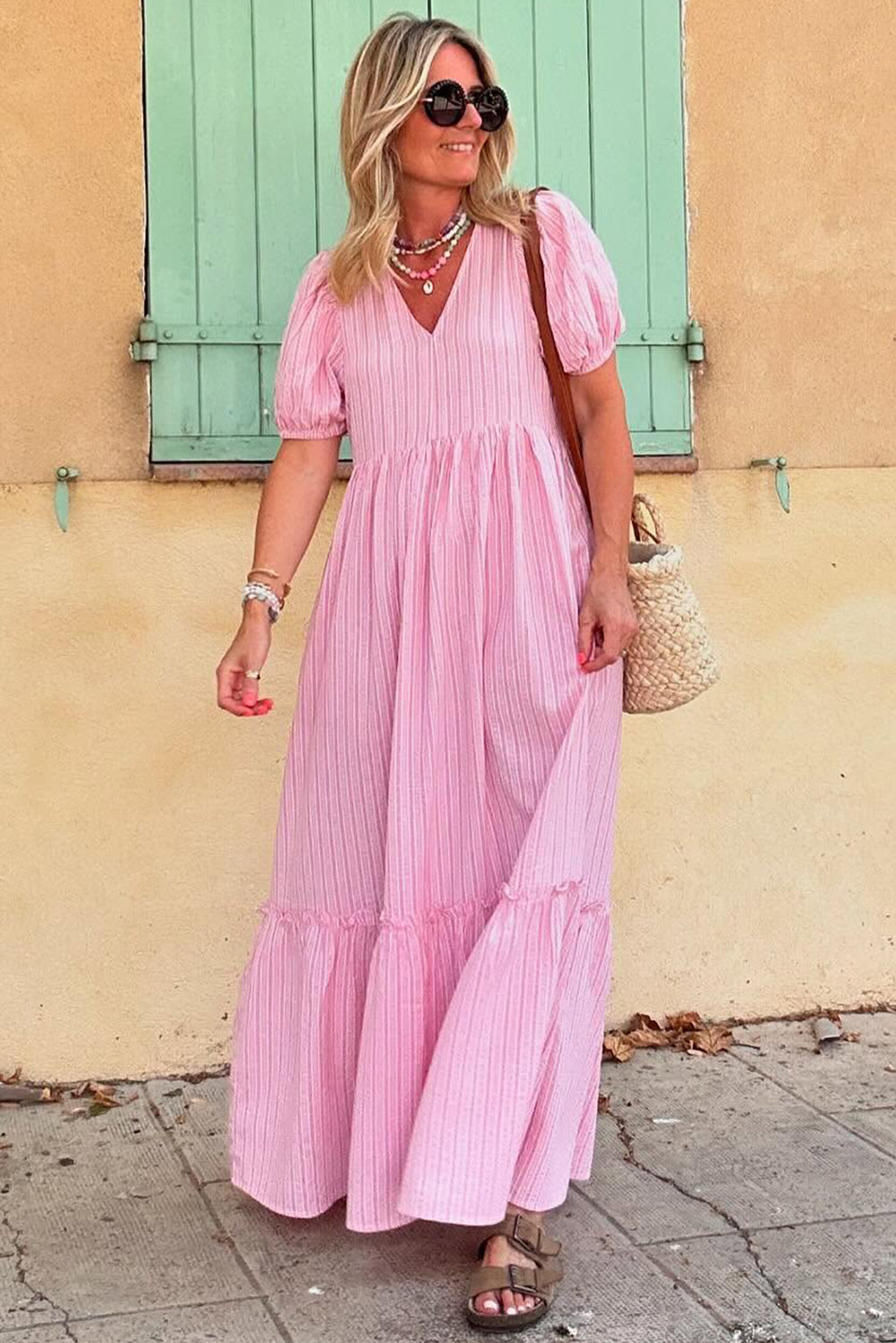 Stripe V Neck Puff Short Sleeve Maxi Dress
