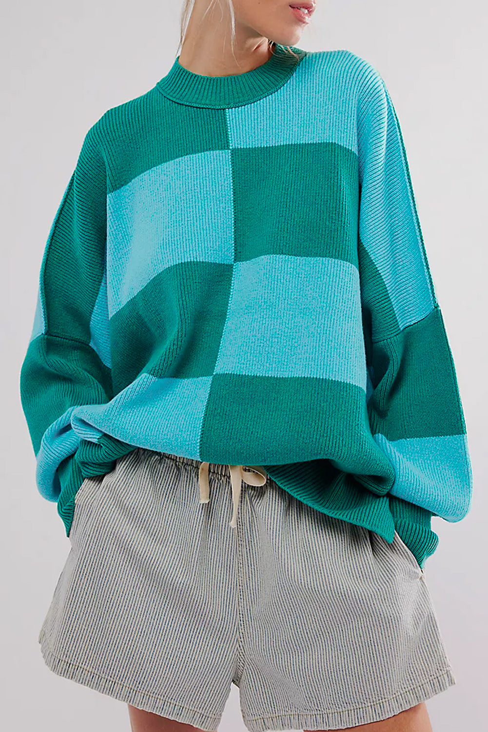 Checkered Side Slits Drop Shoulder Oversized Sweater