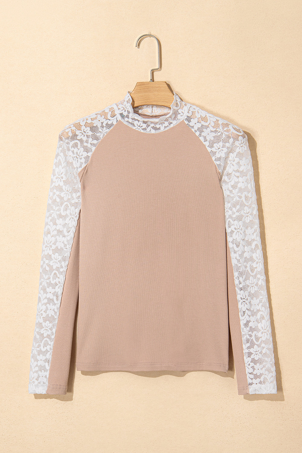 Floral Lace Patchwork Long Sleeve High Neck Slim Top