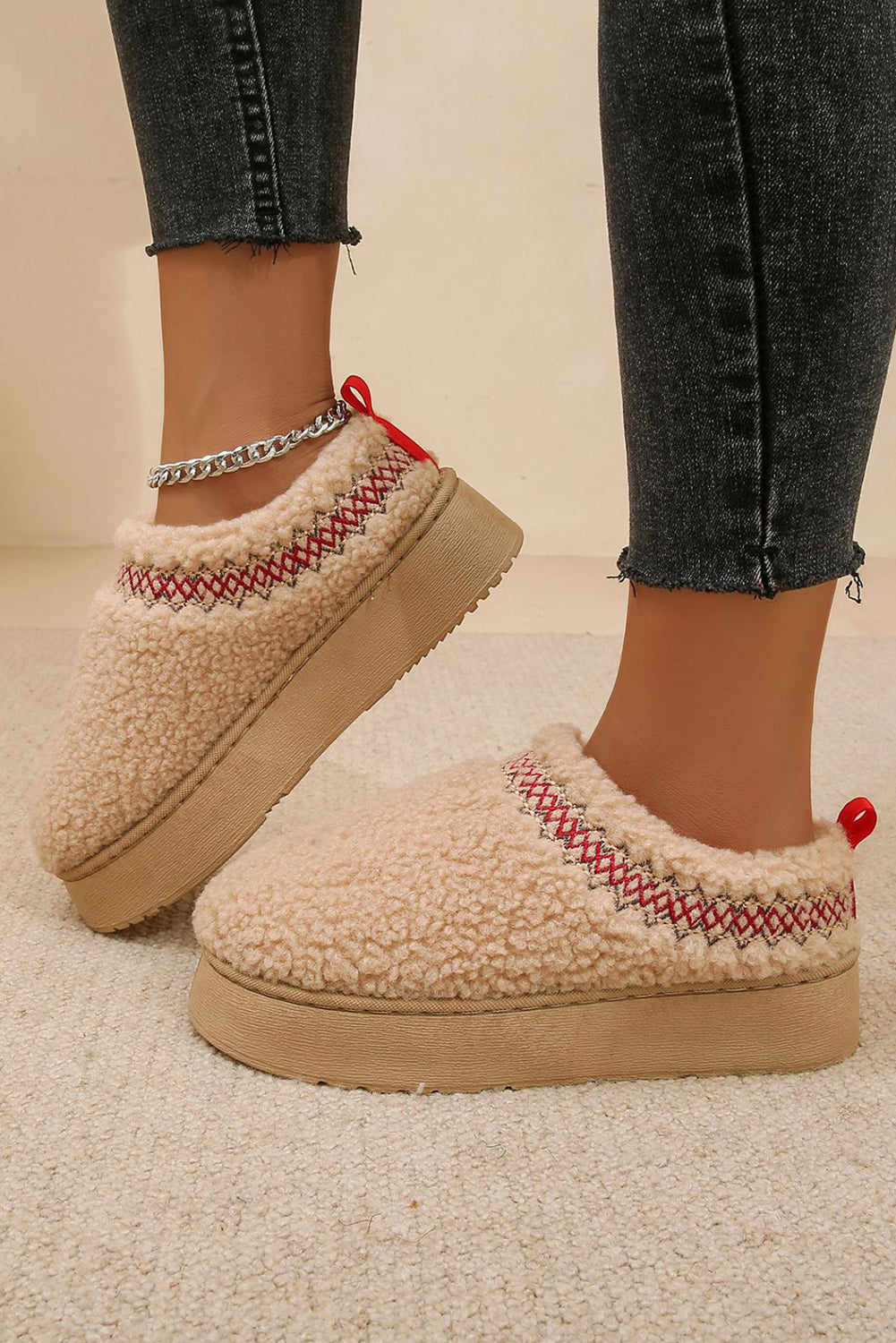 Embroidered Sherpa Plush Thick Sole Snow Boots