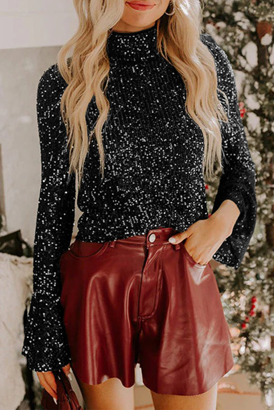 Sequin Mock Neck Drape Open Back Bell Sleeve Top