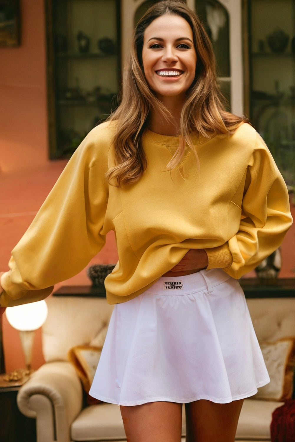 Pleated Balloon Sleeve Pullover Solid Sweatshirt