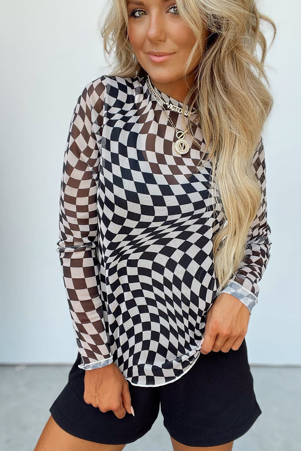 Checkered Pattern Mesh Mock Neck Long Sleeve Top