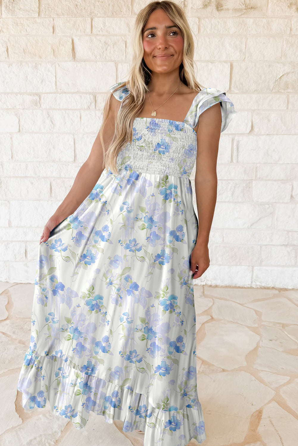 Floral Smocked High Waist Double Ruffle Sleeveless Long Dress