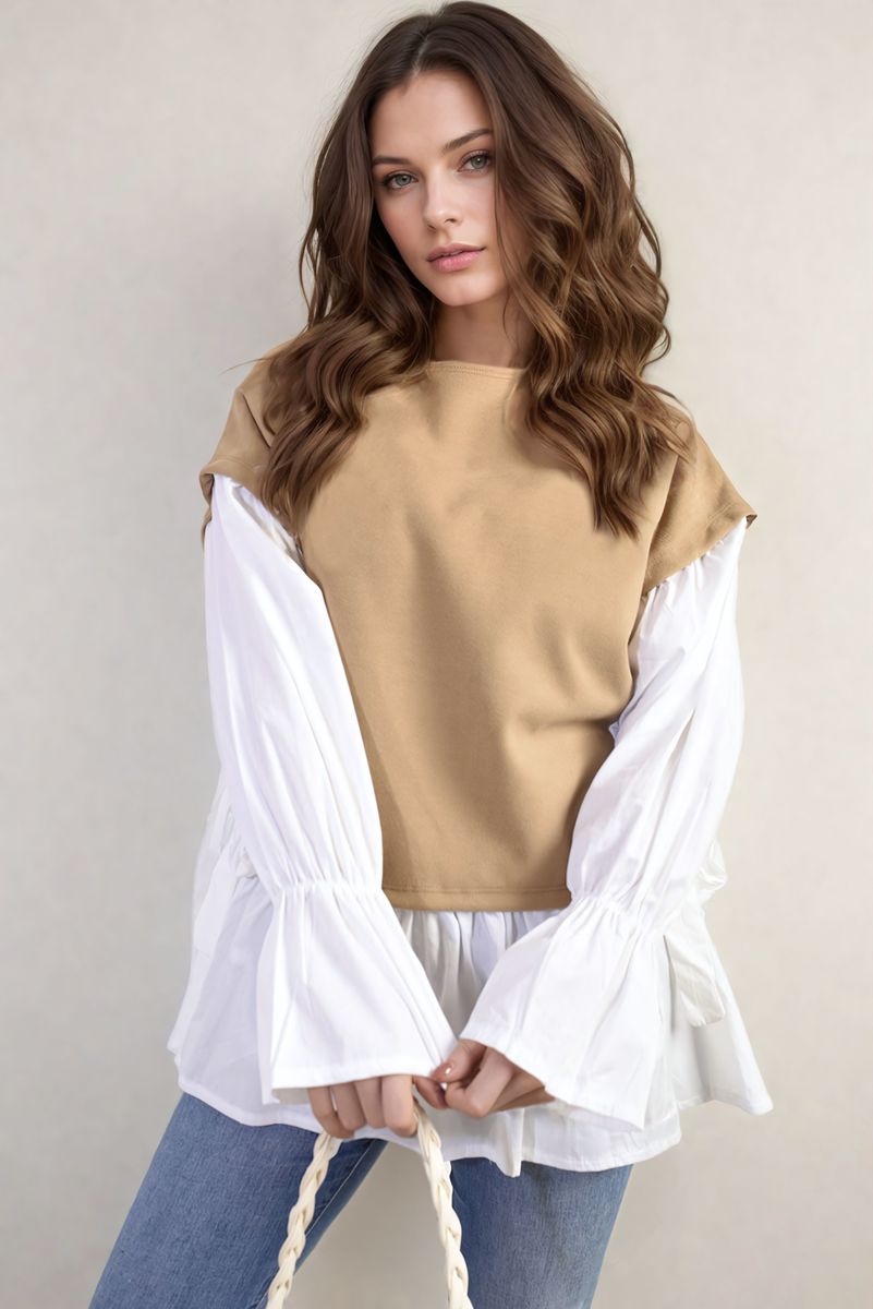 Side Tie Contrast Long Sleeve Knit Frill Top