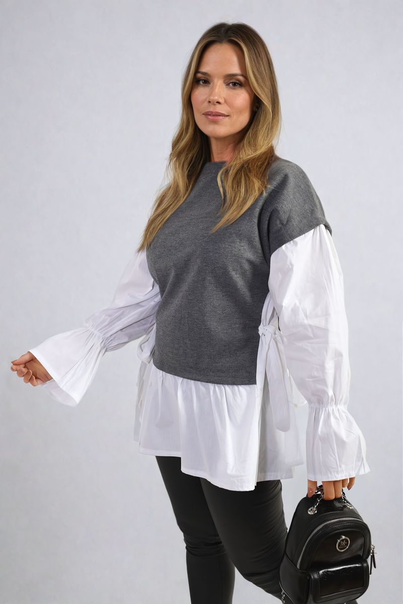 Side Tie Contrast Long Sleeve Knit Frill Top