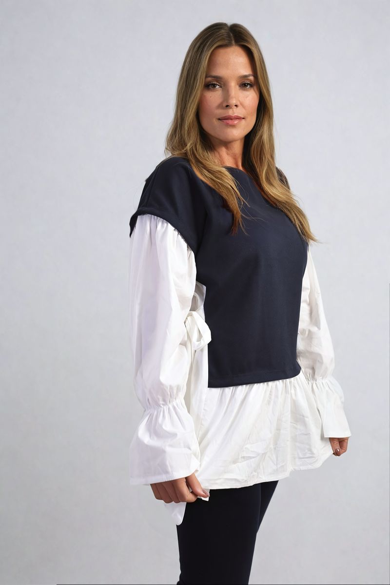 Side Tie Contrast Long Sleeve Knit Frill Top