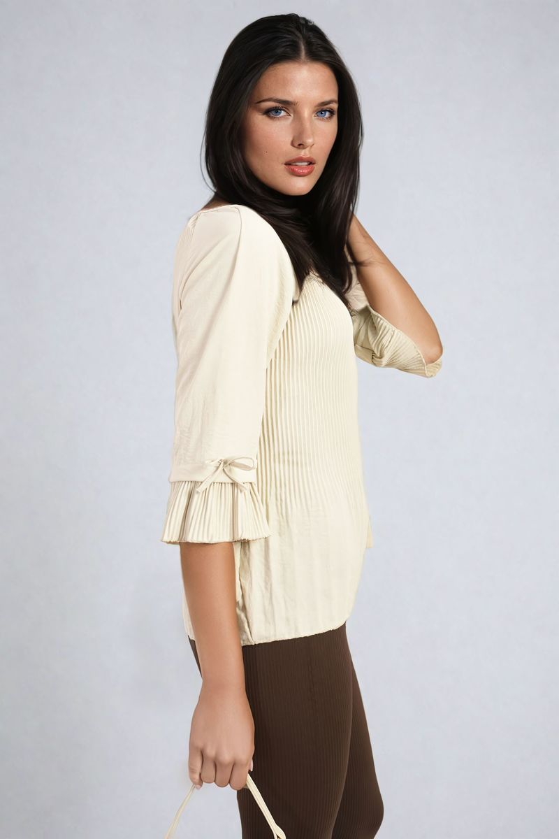 Plisse Pleated Short Bow Sleeve Top