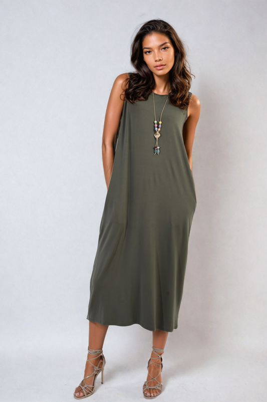 Sleeveless Slit Midi Dress with Side Pockets