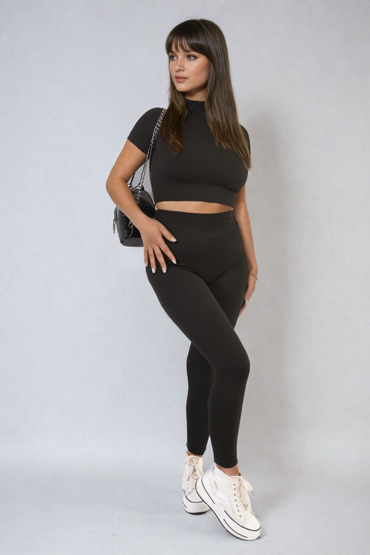 Ribbed Half Zip Crop Top and High Waist Leggings Co-ord Set