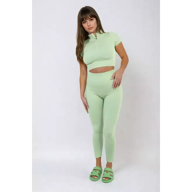 Ribbed Half Zip Crop Top and High Waist Leggings Co-ord Set