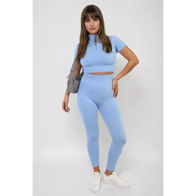 Ribbed Half Zip Crop Top and High Waist Leggings Co-ord Set