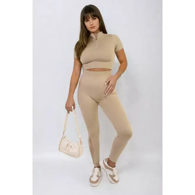 Ribbed Half Zip Crop Top and High Waist Leggings Co-ord Set