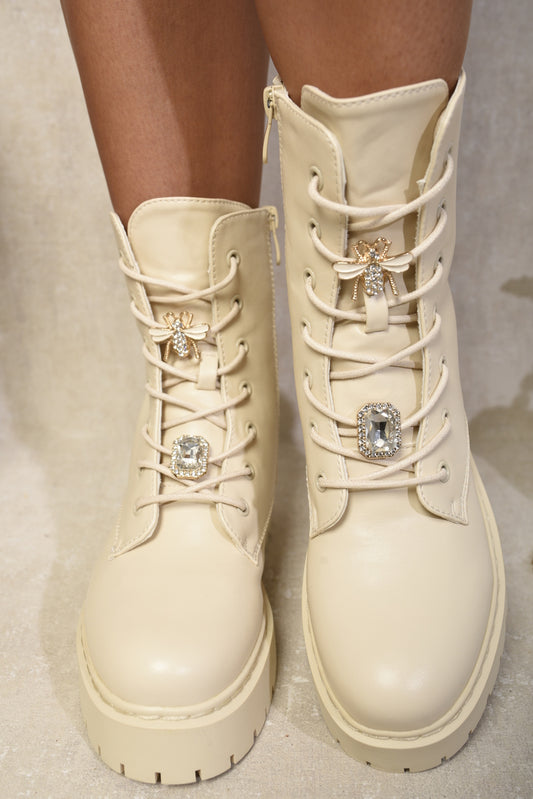 Zip Up Lace Up Chunky Combat Boots with Decor Details