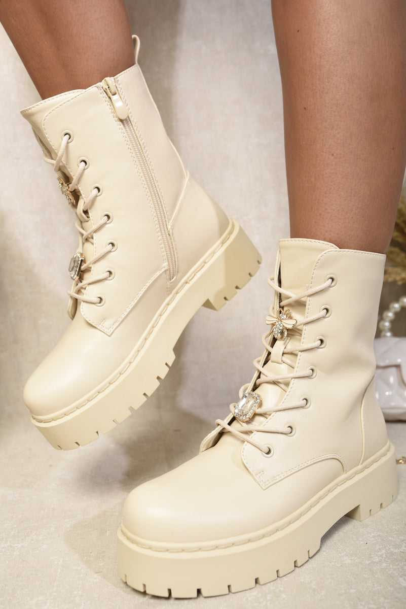 Zip Up Lace Up Chunky Combat Boots with Decor Details