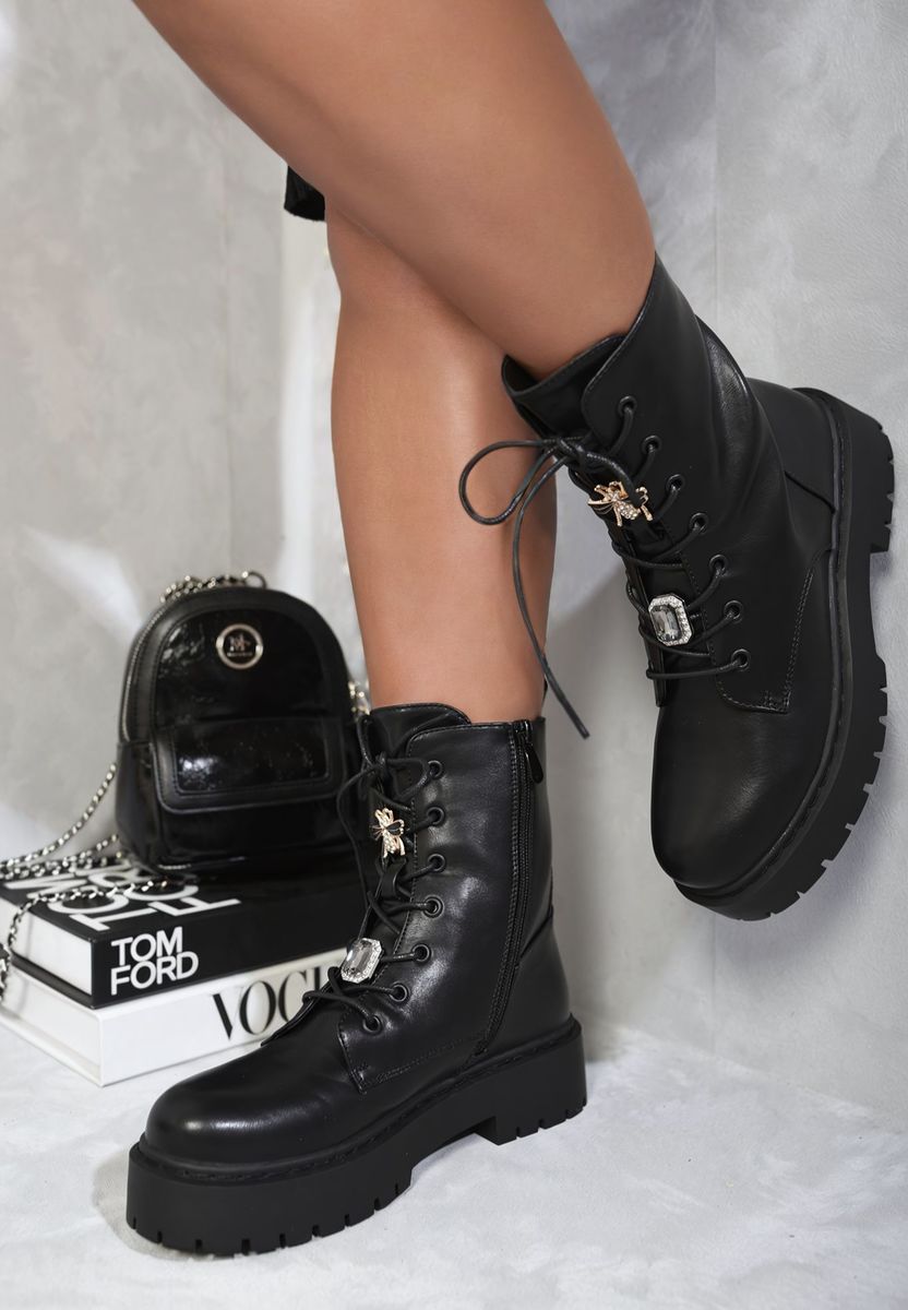 Zip Up Lace Up Chunky Combat Boots with Decor Details