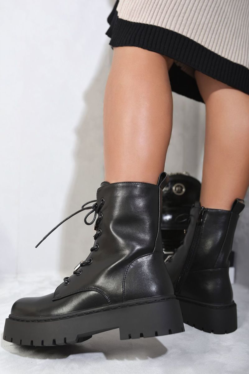 Zip Up Lace Up Chunky Combat Boots with Decor Details