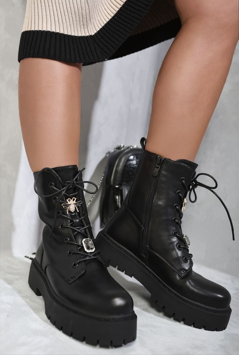 Zip Up Lace Up Chunky Combat Boots with Decor Details