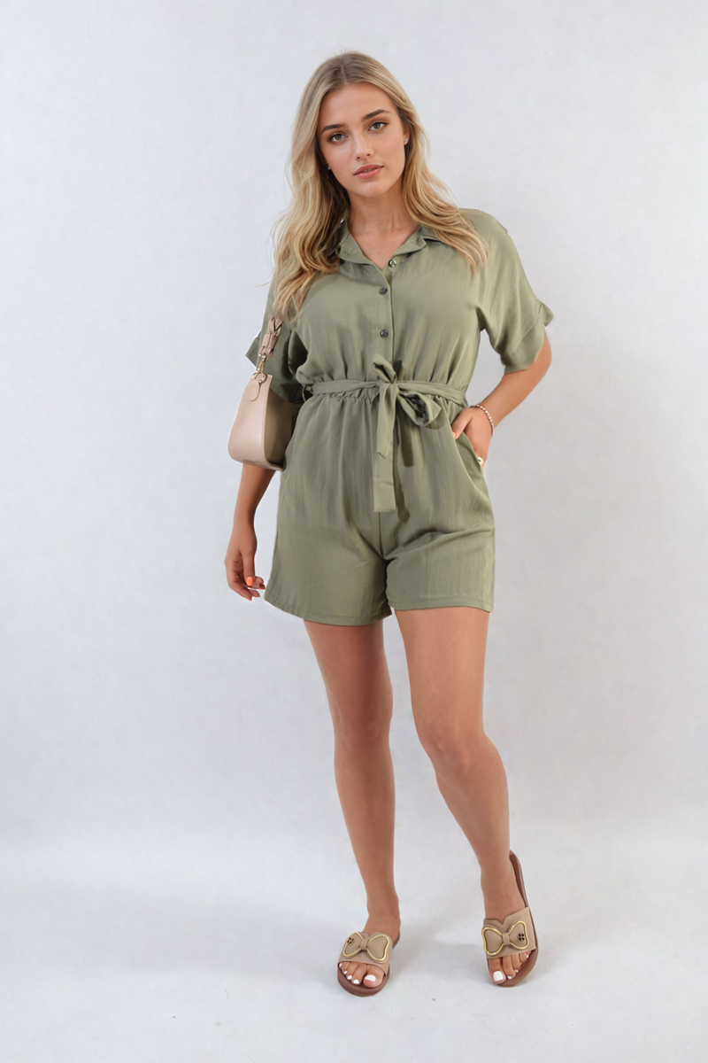 Buttoned Tie Waist Romper