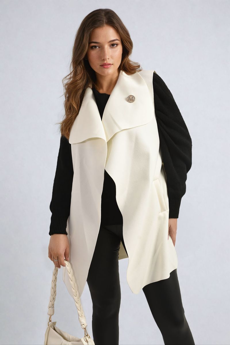 Wide Lapel Sleeveless Belted Jacket