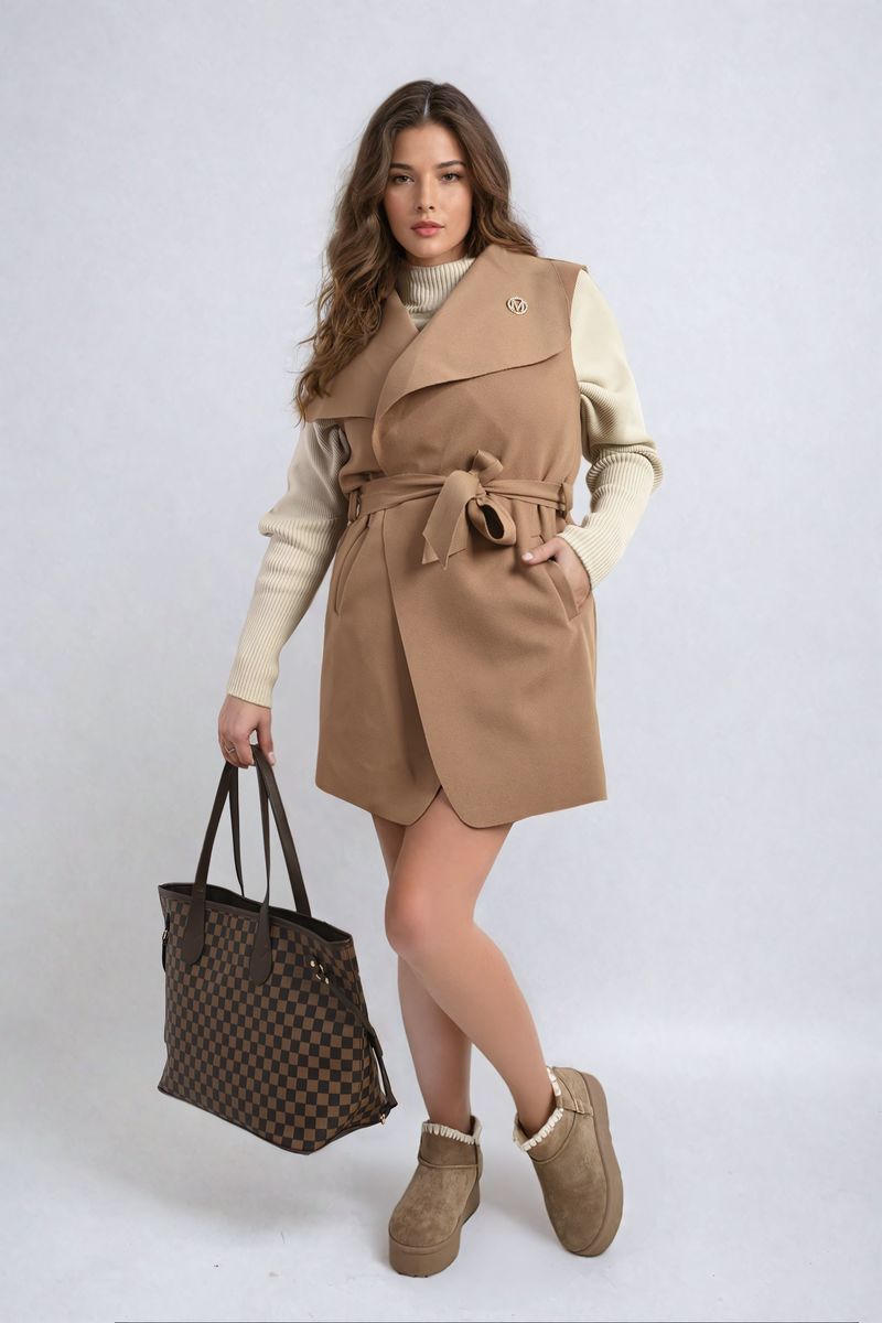 Wide Lapel Sleeveless Belted Jacket