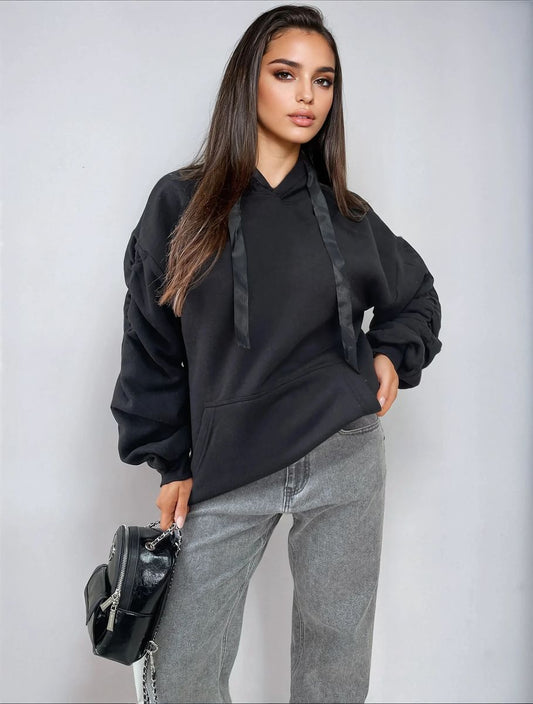 Ruched Sleeve Oversized Hoodie with Front Pouch Pocket