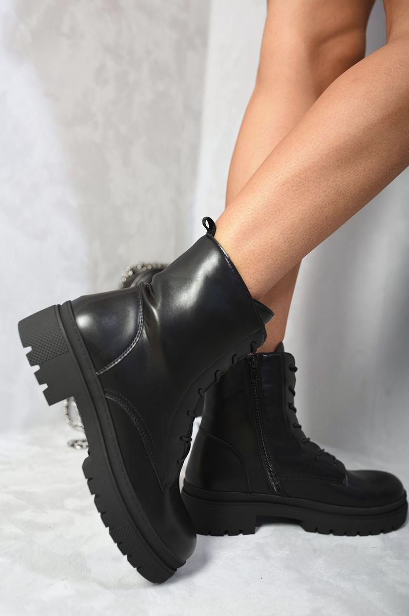 Lace Up Side Zip Chunky Ankle Boots