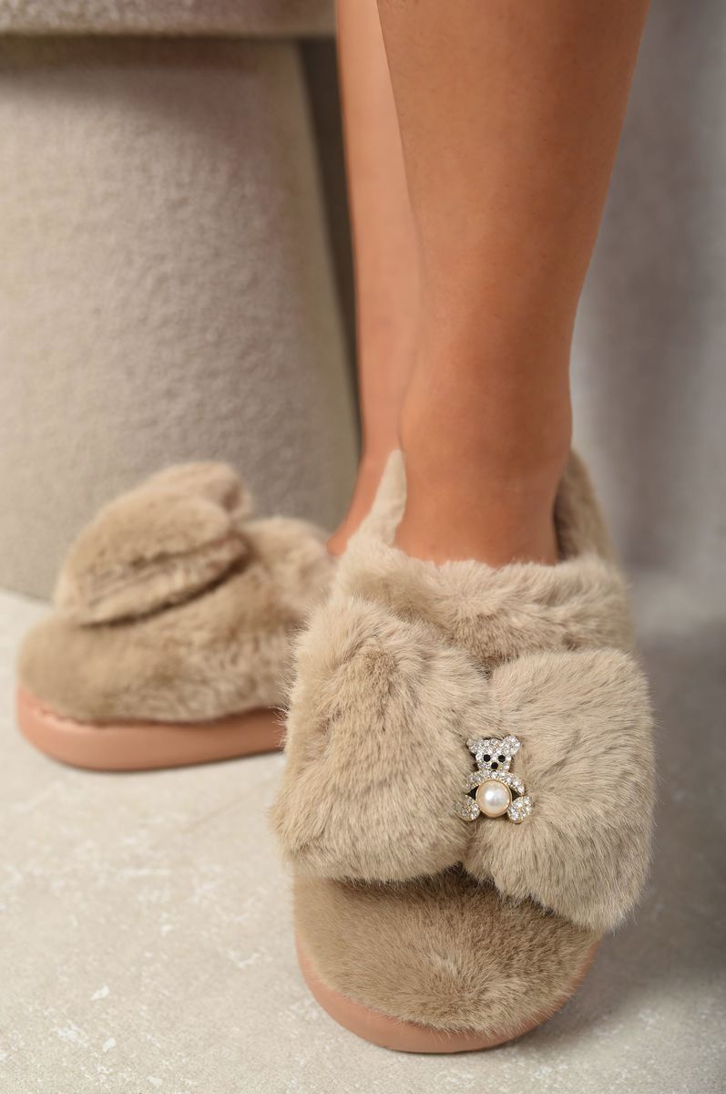 Teddy Bear Bow Faux Fur Fluffy Slippers