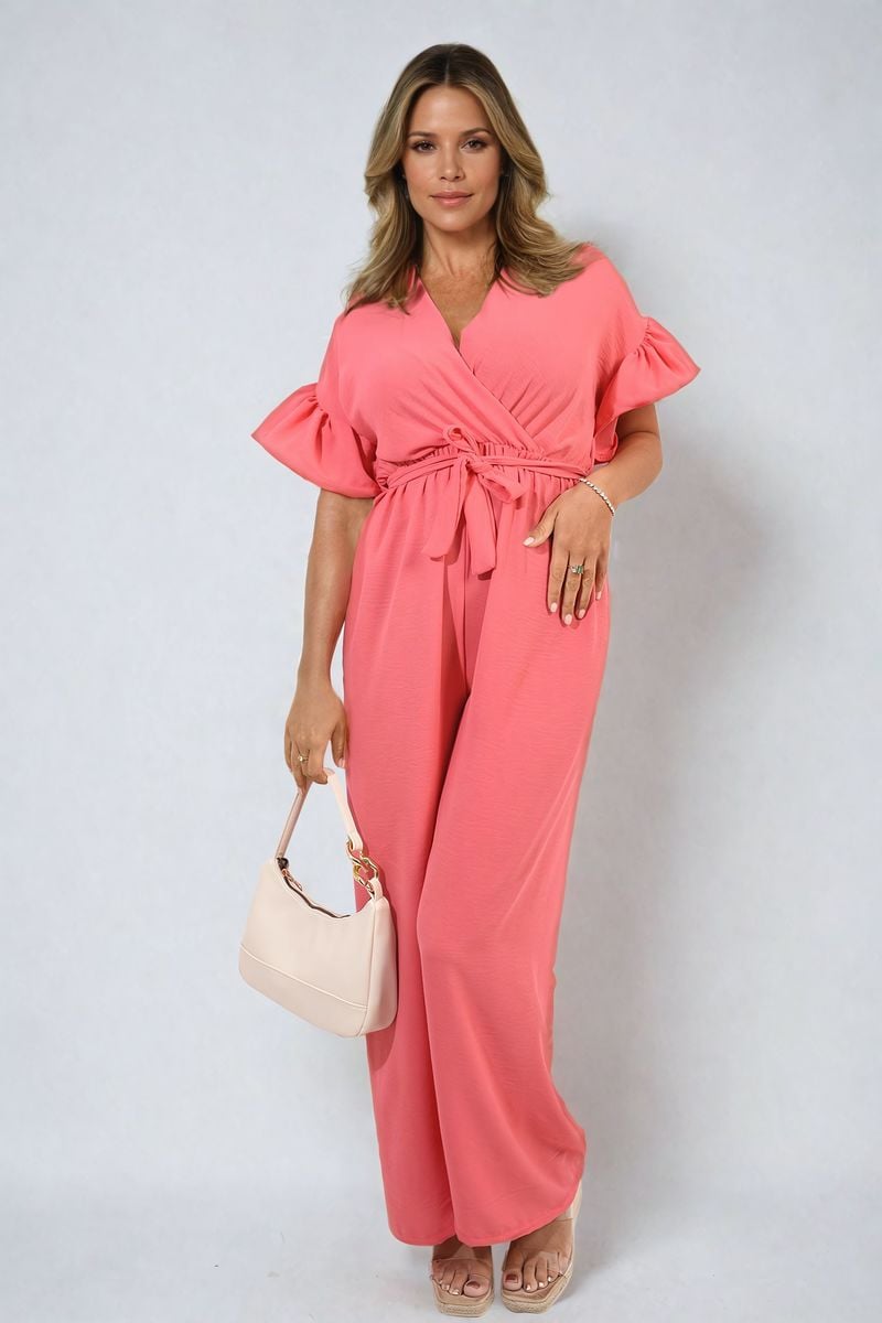 Wrap Over Tie Belt Frill Sleeve Jumpsuit