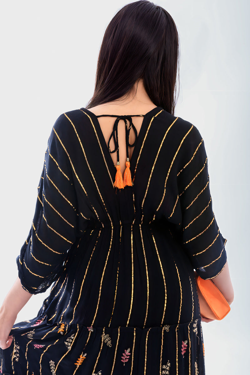 V-Neck Tassel Printed Detail Maxi Dress