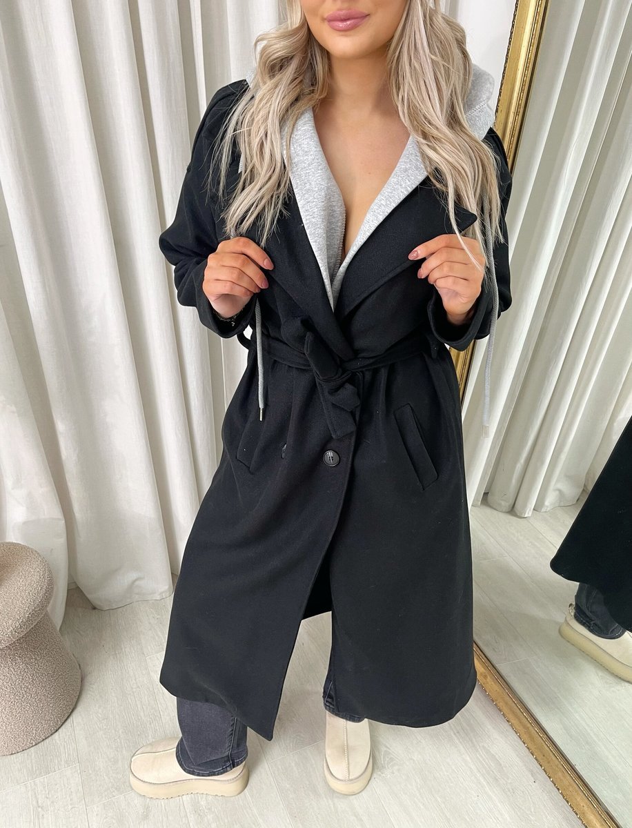 Belted Button Hooded Trench Coat