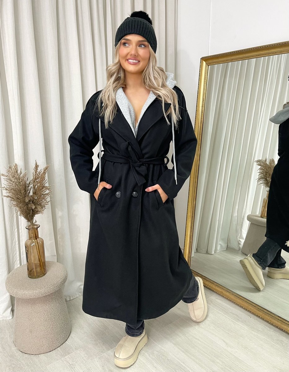 Belted Button Hooded Trench Coat