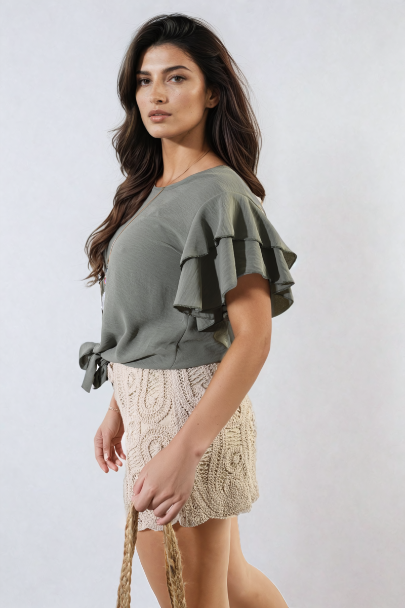 Layered Ruffle Short Sleeve Tie Front Top