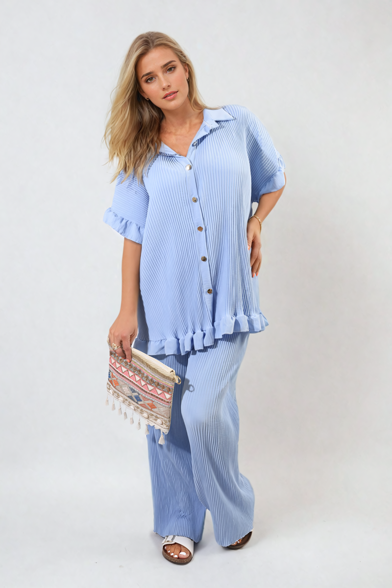 Button Pleated Frill Ruffle Top and Wide Leg Trouser Co-ord Set