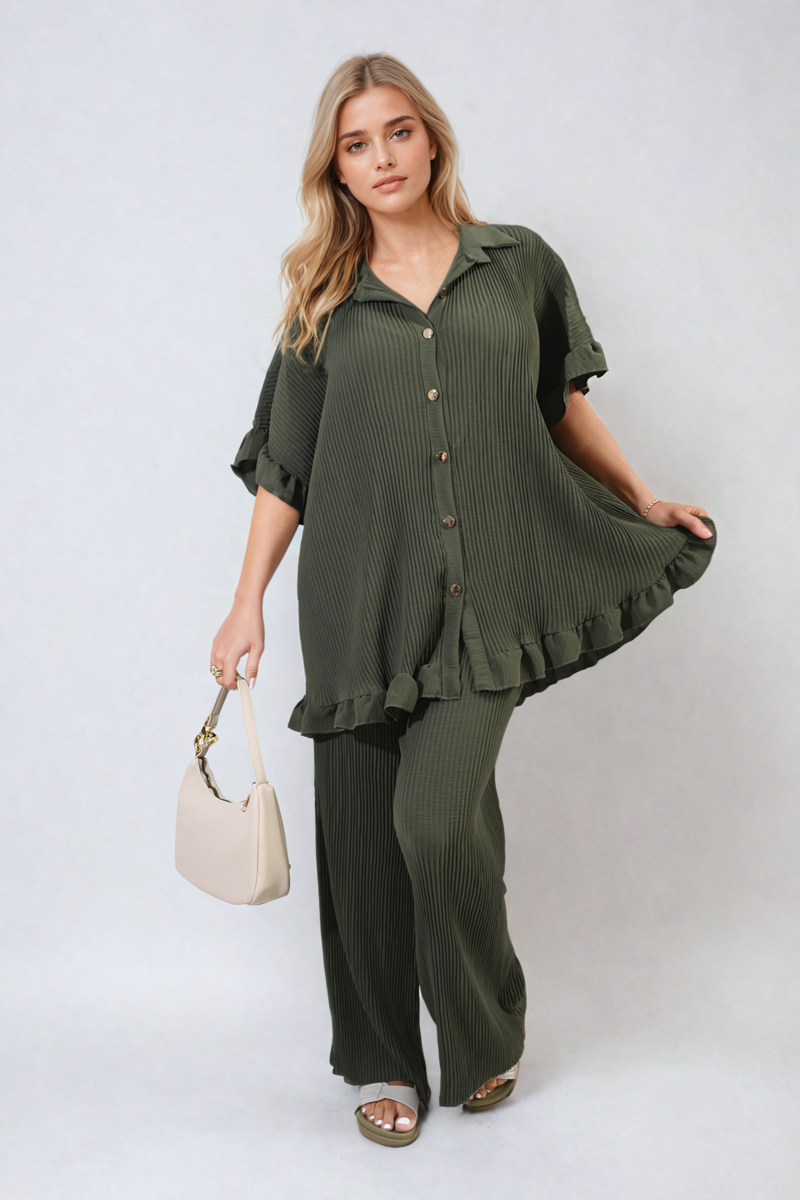 Button Pleated Frill Ruffle Top and Wide Leg Trouser Co-ord Set