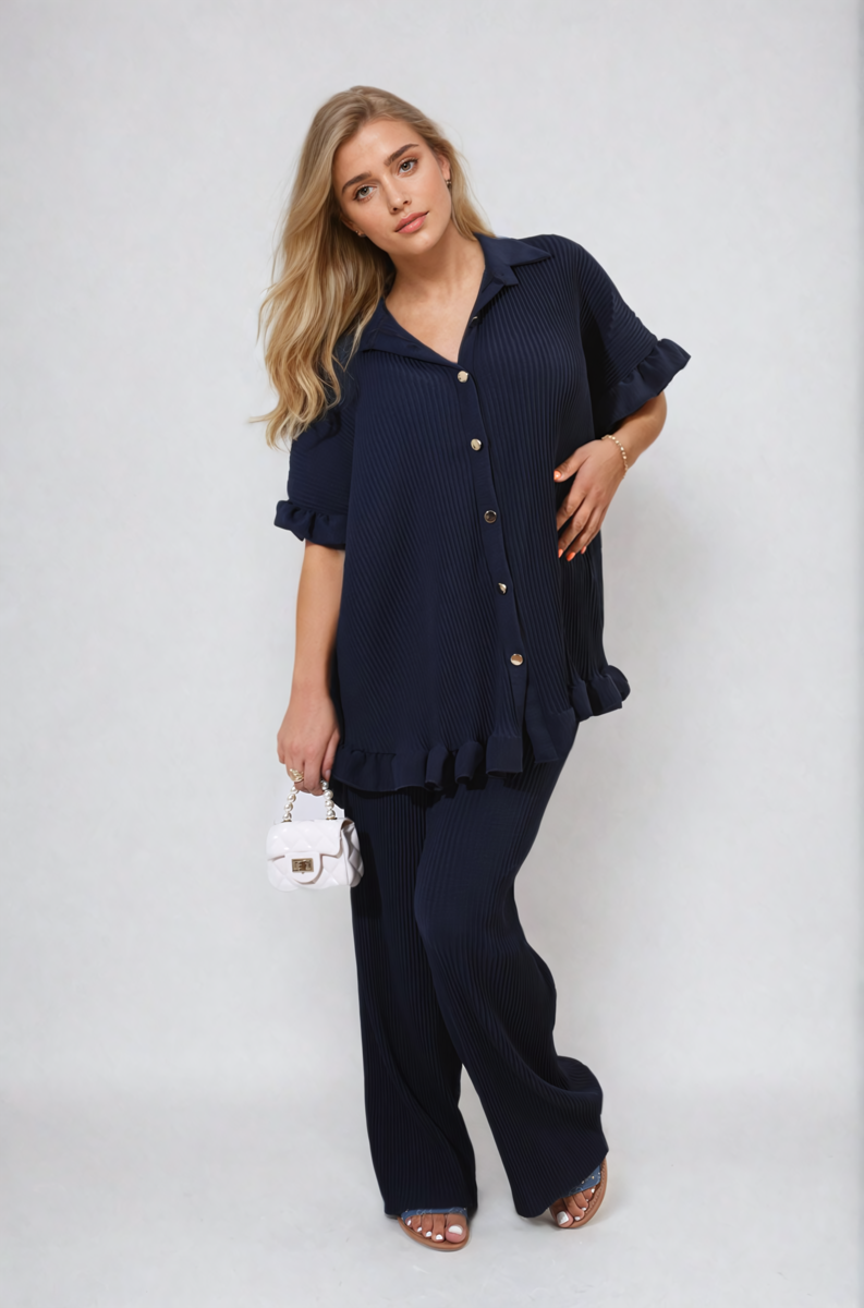 Button Pleated Frill Ruffle Top and Wide Leg Trouser Co-ord Set