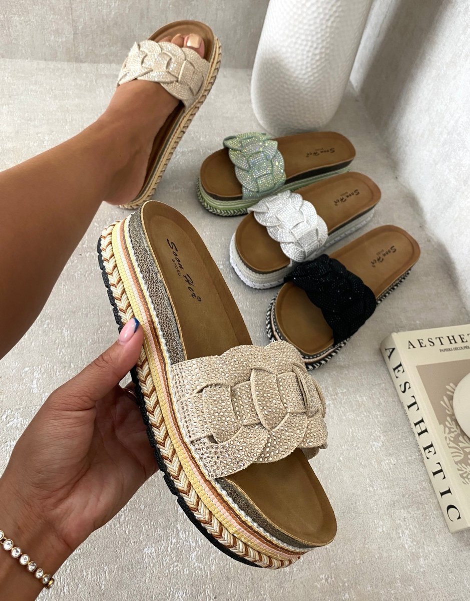 Open Toe Embellished Strap Slide Platform Sandals