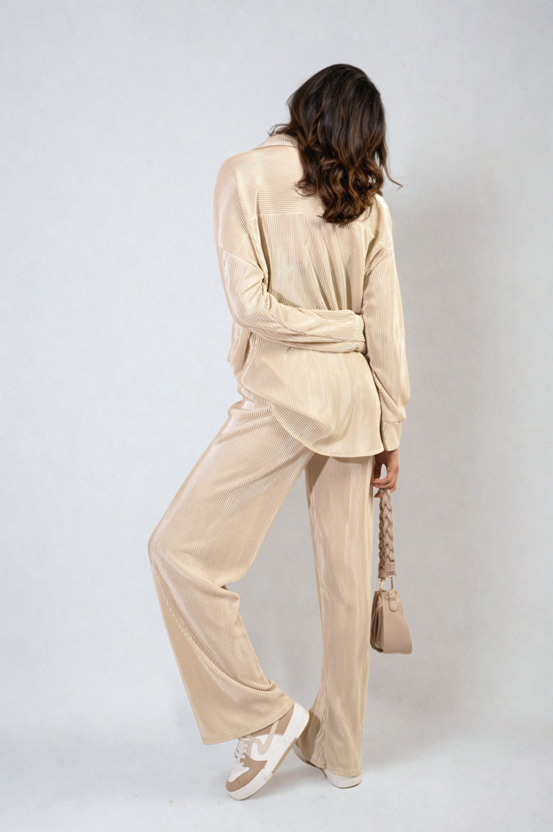 Plisse Button Front Oversized Shirt and Trouser Co-ord Set