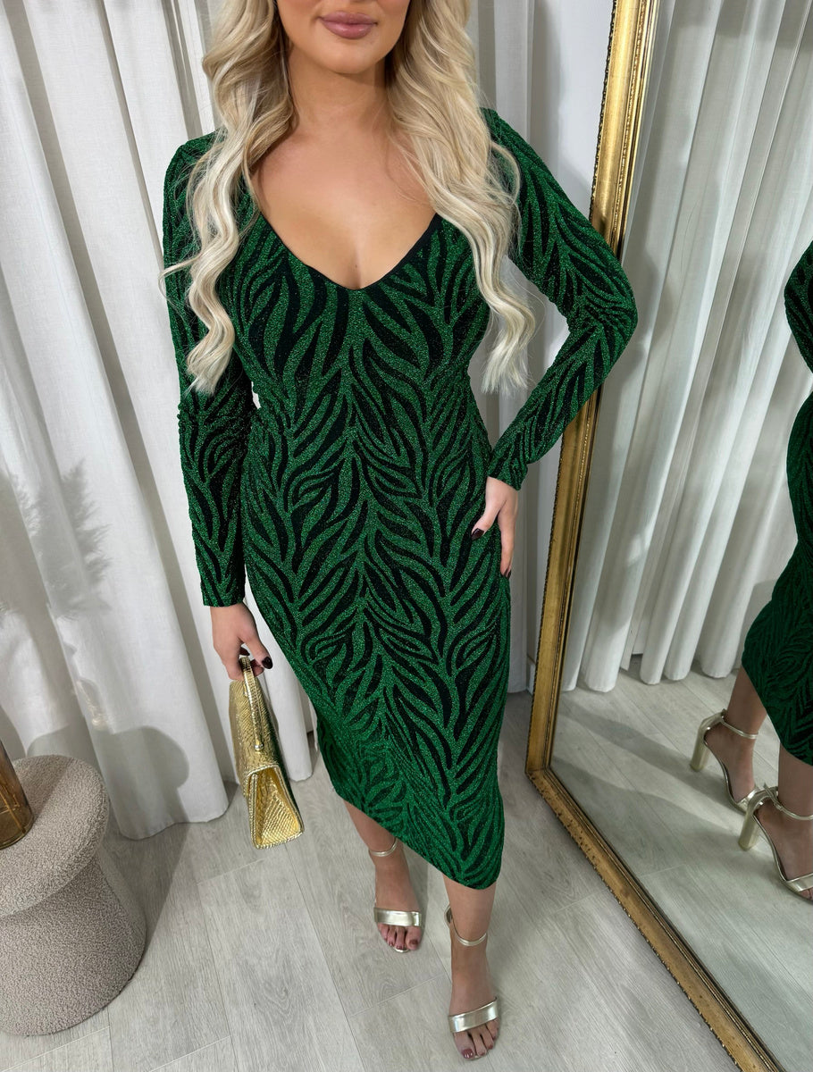 Printed V-Neck Long Sleeve Glitter Midi Dress