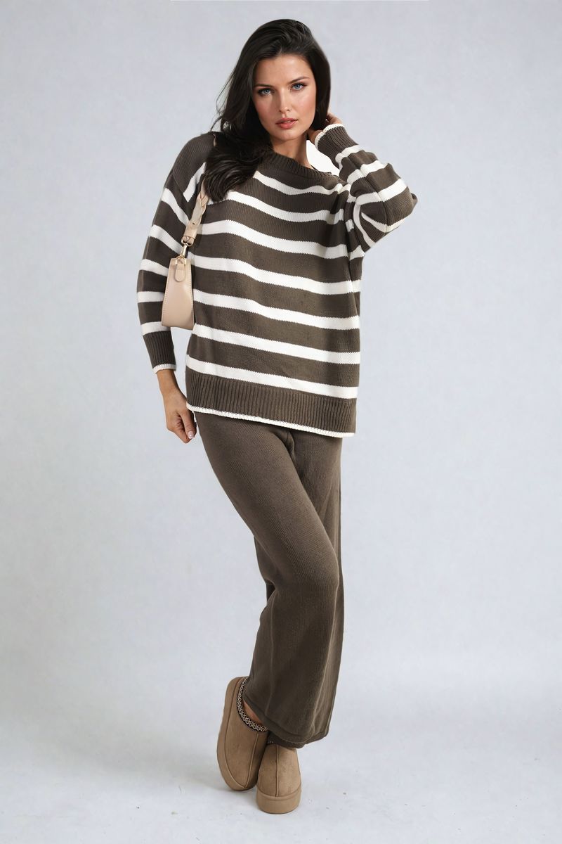 Knitted Striped Long Sleeve Top and  Pants Co-ord Set