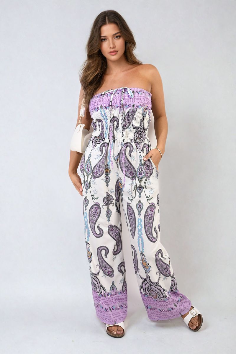 Shirred Strapless Printed Jumpsuit