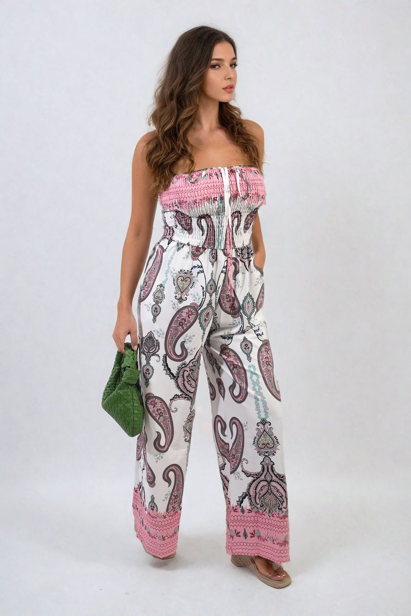 Shirred Strapless Printed Jumpsuit