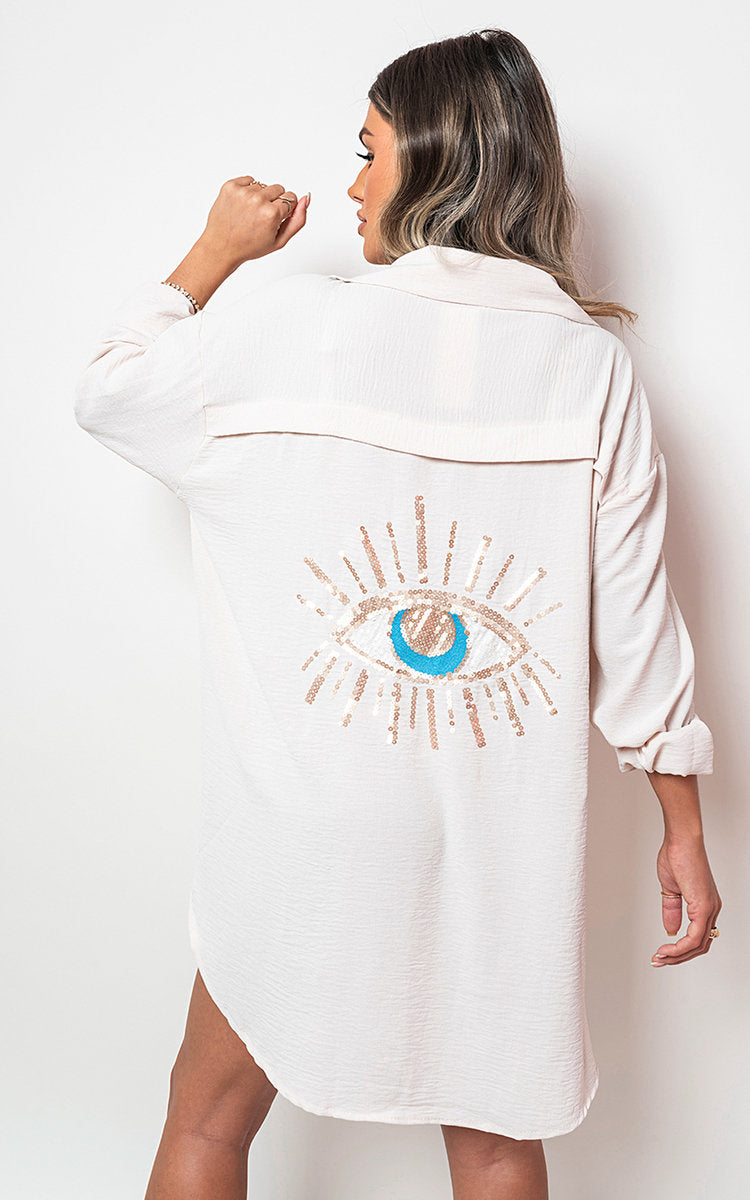 Oversized Long Sleeve Gold Sequin Eye Button Up Shirt