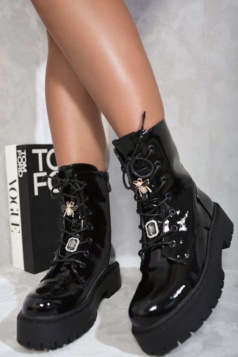 Zip Up Lace Up Chunky Combat Boots with Decor Details