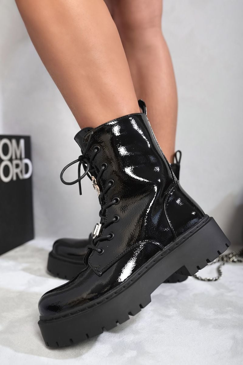 Zip Up Lace Up Chunky Combat Boots with Decor Details