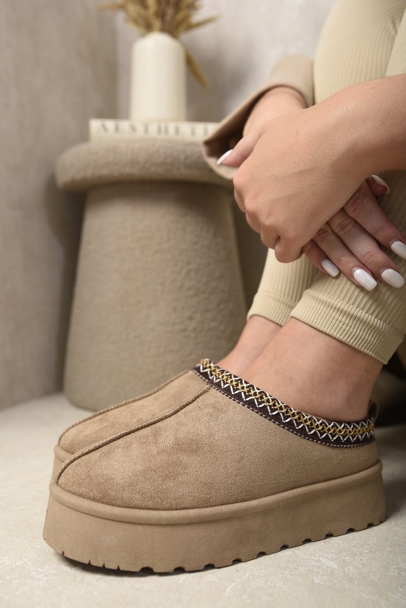 Aztec Detail Low Ankle Platform Slipper Boots