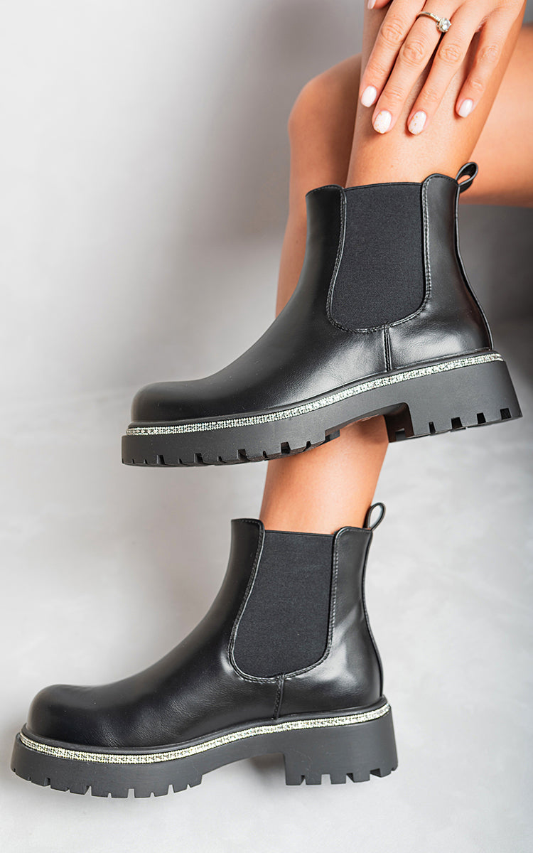 Faux Suede Diamante Chelsea Ankle Boots