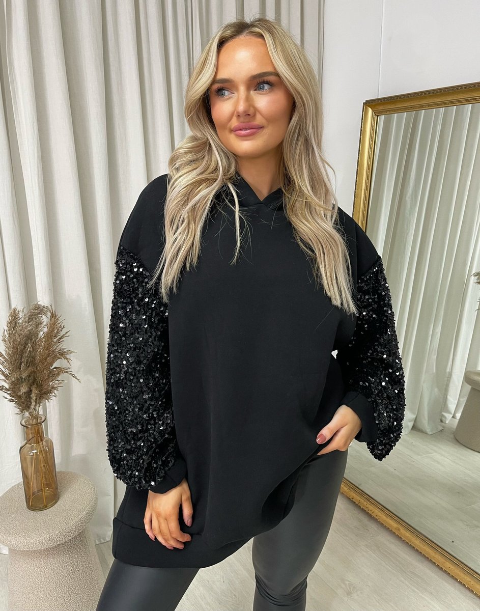 Oversized Sequin Sleeve Knitted Hoodie Jumper