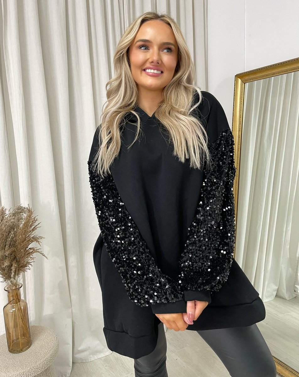 Oversized Sequin Sleeve Knitted Hoodie Jumper